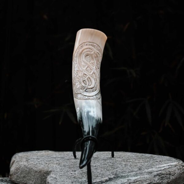African Carved Drinking Horn With Metal Stand
