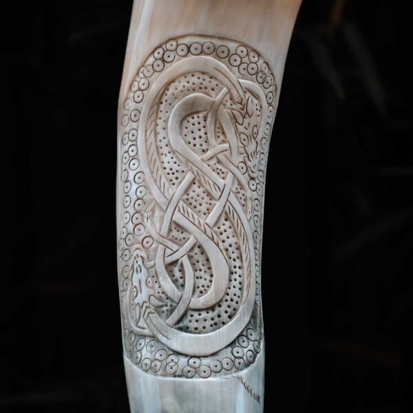 African Carved Drinking Horn With Metal Stand