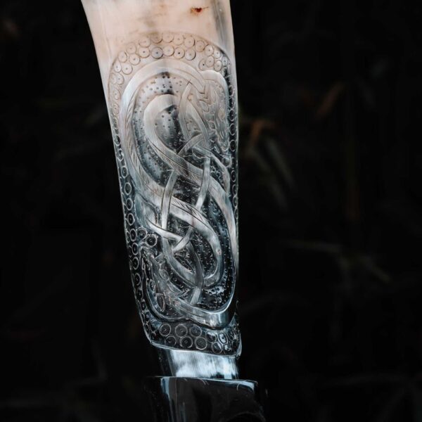 African Carved Drinking Horn With Metal Stand