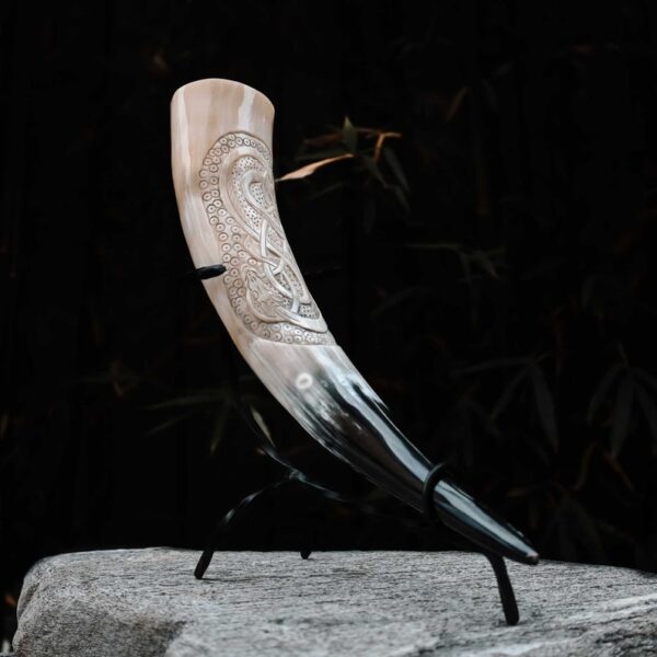 African Carved Drinking Horn With Metal Stand
