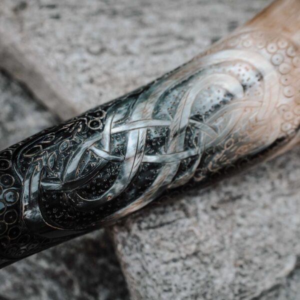 African Carved Drinking Horn With Metal Stand
