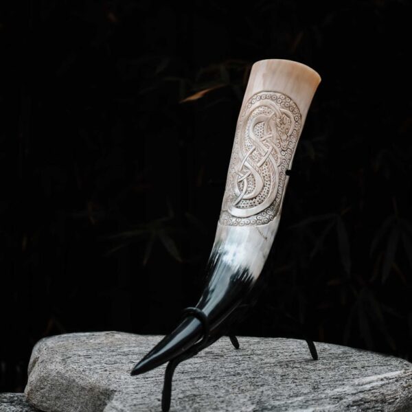 African Carved Drinking Horn With Metal Stand