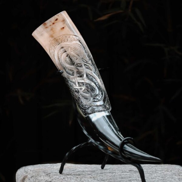 African Carved Drinking Horn With Metal Stand