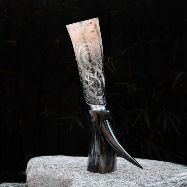 African Carved Drinking Horn With Metal Stand