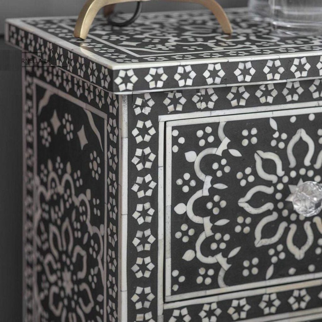 Bone Inlay Night Stand, BedSide Table in Black - Image 2