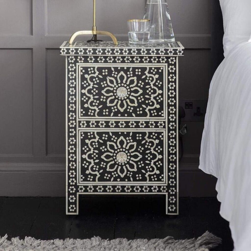 Bone Inlay Night Stand, BedSide Table in Black