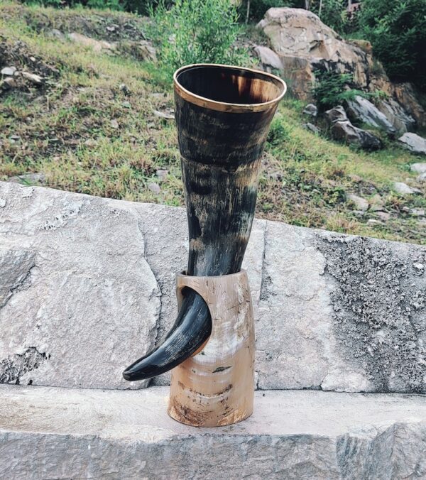 Viking Drinking Horn In Natural Black Color with Brass Work and Horn Stand