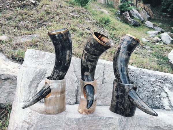 Viking Drinking Horn In Natural Black Color with Brass Work and Horn Stand