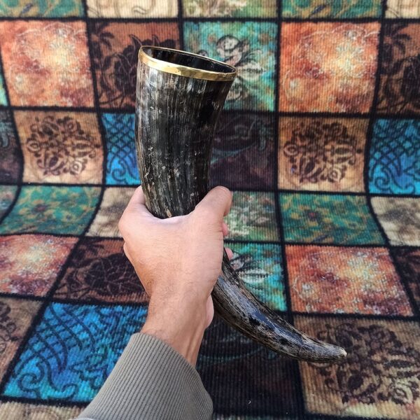 Viking Drinking Horn In Natural Black Color with Brass Work and Horn Stand