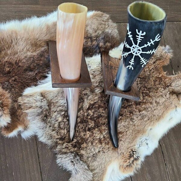 Natural White and Black Carved Design Viking Drinking Horn With Wooden Stand