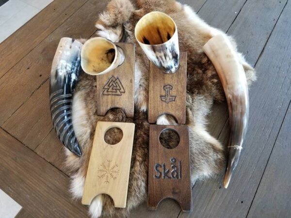 Natural White and Black Carved Design Viking Drinking Horn With Wooden Stand
