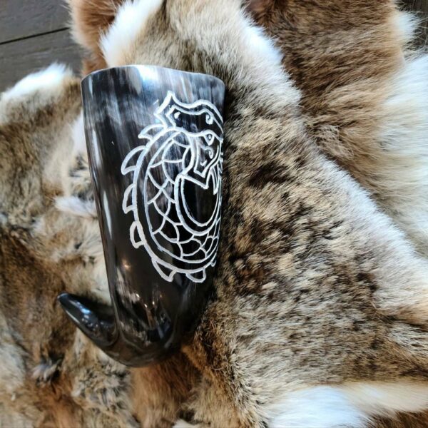 Natural White and Black Carved Design Viking Drinking Horn With Wooden Stand