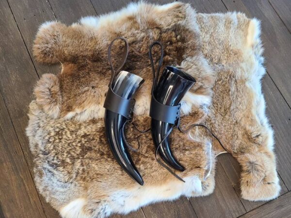 Natural White and Black Carved Design Viking Drinking Horn With Wooden Stand