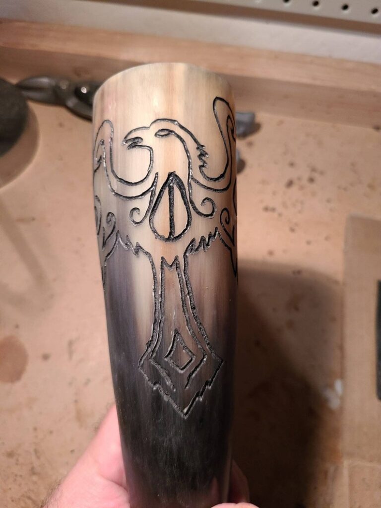 Natural White and Black Carved Design Viking Drinking Horn With Wooden Stand - Image 7