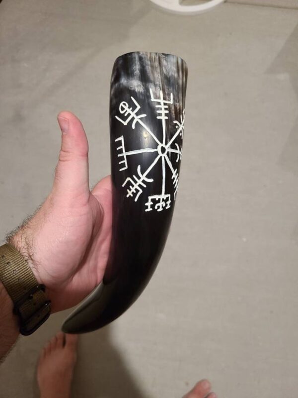 Natural White and Black Carved Design Viking Drinking Horn With Wooden Stand