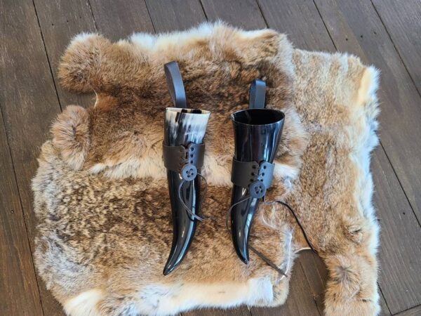 Natural White and Black Carved Design Viking Drinking Horn With Wooden Stand