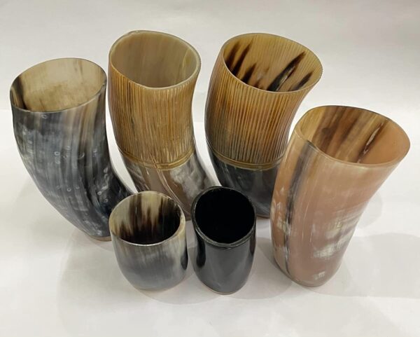 Natural Black and White Carved Drinking Horn Glass With Wooden Base in Latest Design