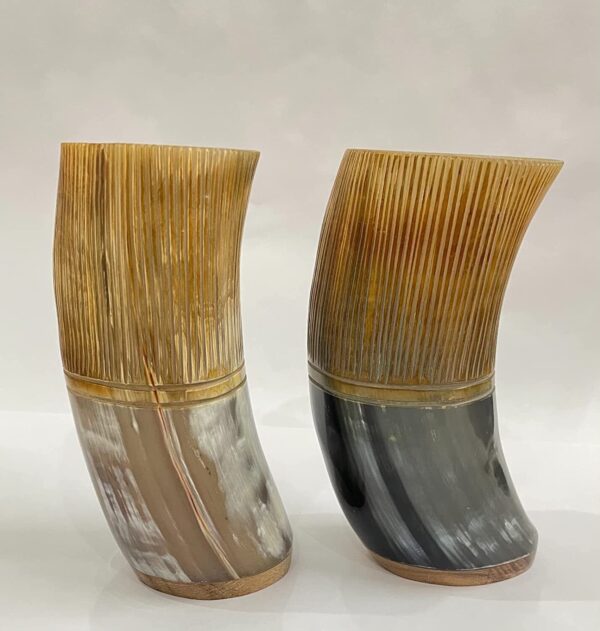 Natural Black and White Carved Drinking Horn Glass With Wooden Base in Latest Design