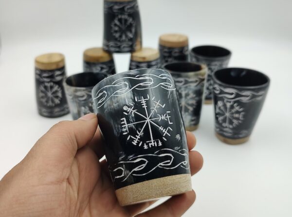 Natural Black Buffalo Carved Drinking Horn Glass with Wooden Base at high Quality