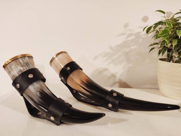 Natural Buffalo Drinking Horn With Leather Holder In High Quality