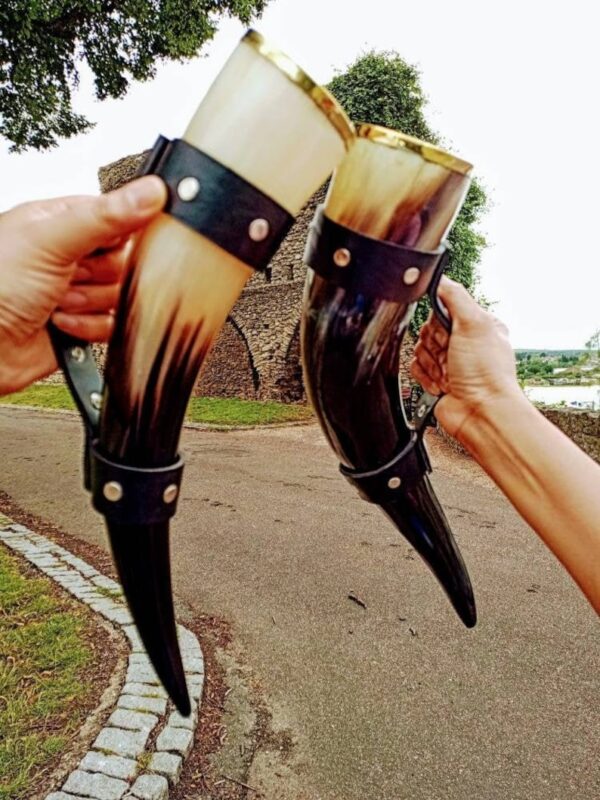 Natural Buffalo Drinking Horn With Leather Holder In High Quality